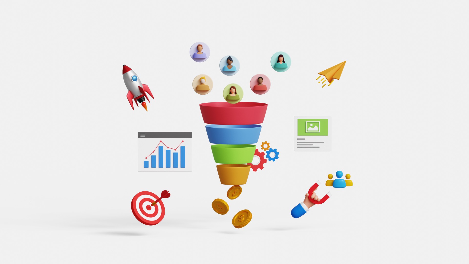 Lead generation, CRO, conversion rate optimization concept. Utilize website traffic, convert audience into sales. Inbound marketing strategy. 3D marketing funnel attracting audience